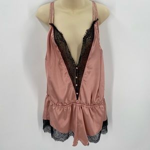 Roma Confidential Lingerie Romper Pink Satin 1 Pc Black Lace 3X Plus Womens